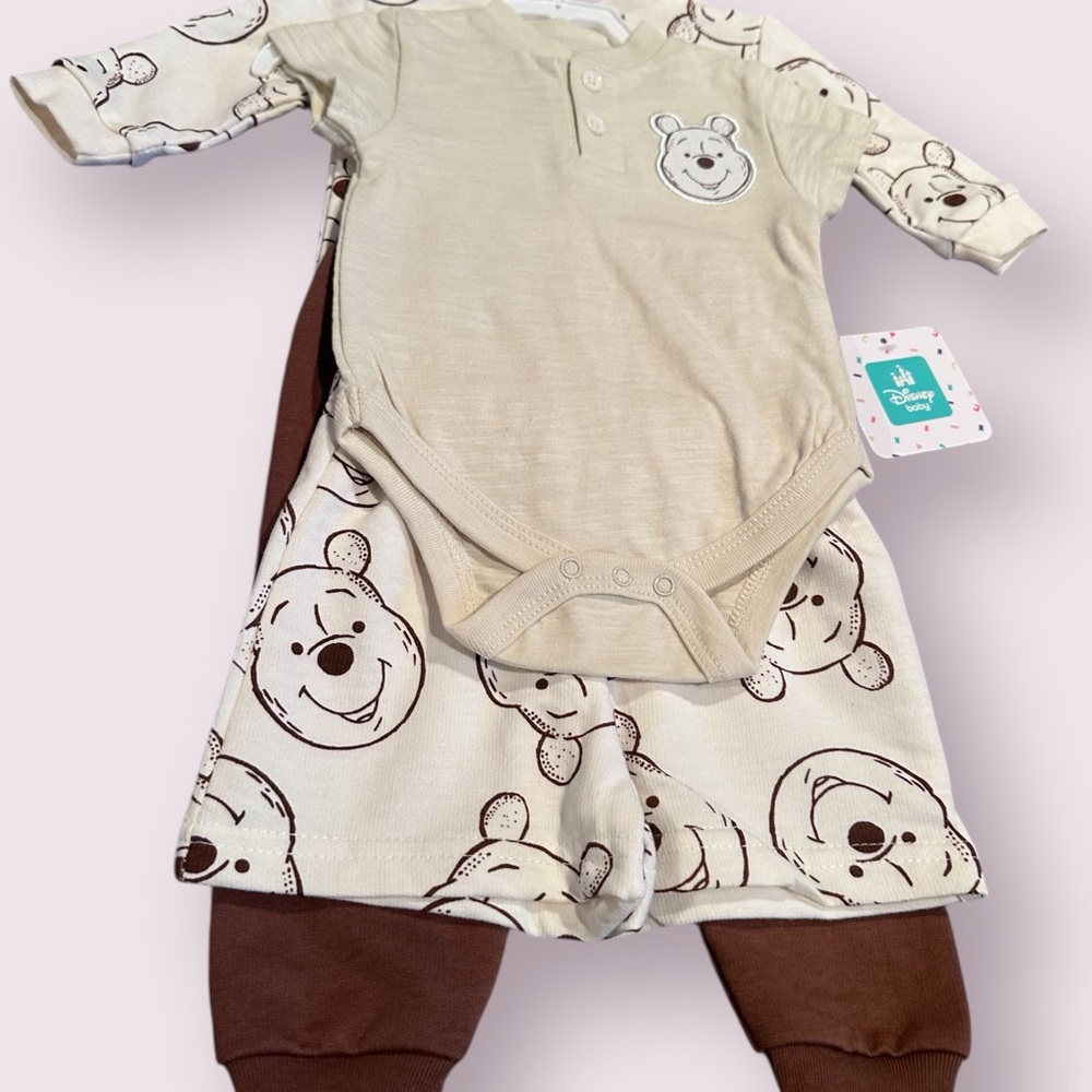 NWT Disney Baby Winnie The Pooh Tan And Brown Four Piece Set Size 3/6 Months - Picture 2 of 8